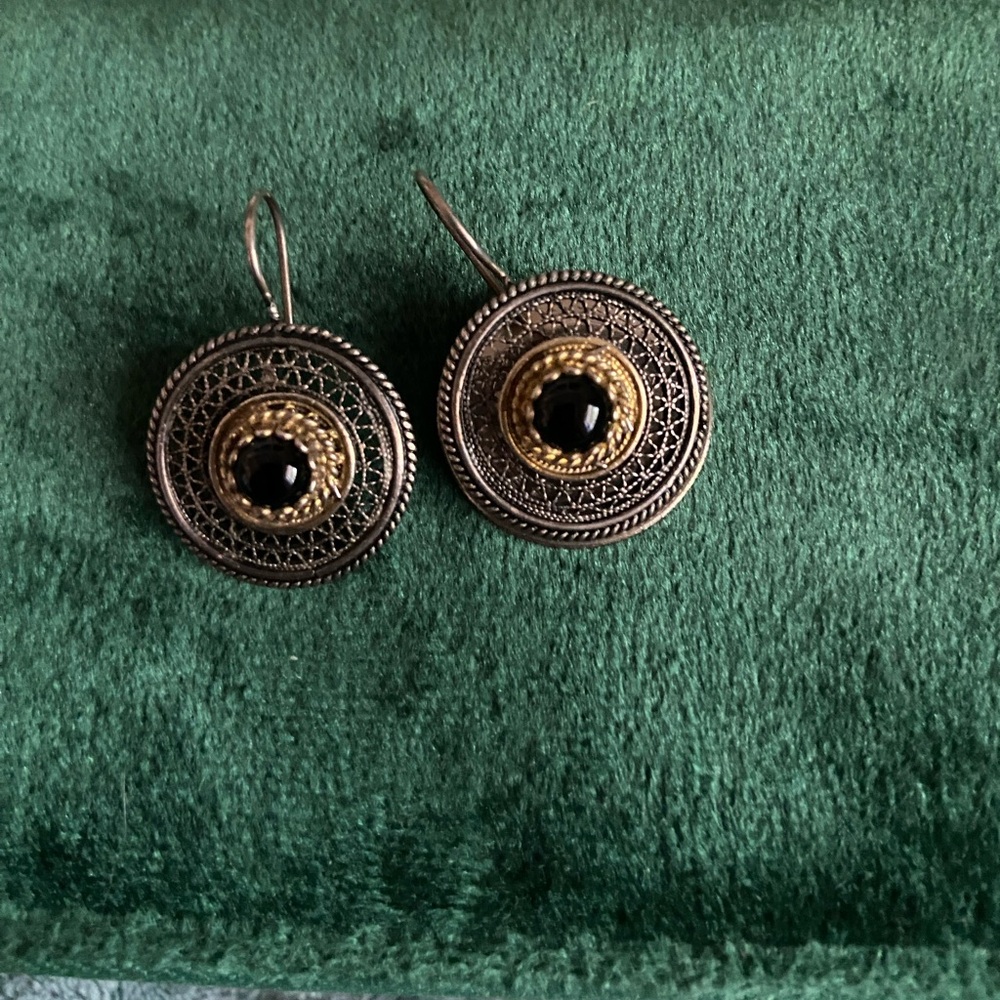 Antique Turkish silver and brass onyx earrings